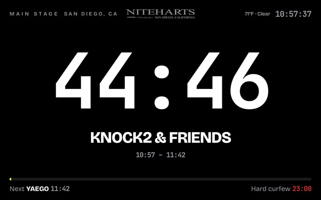 Setclock artist monitor showing a large set countdown, current DJ and next act